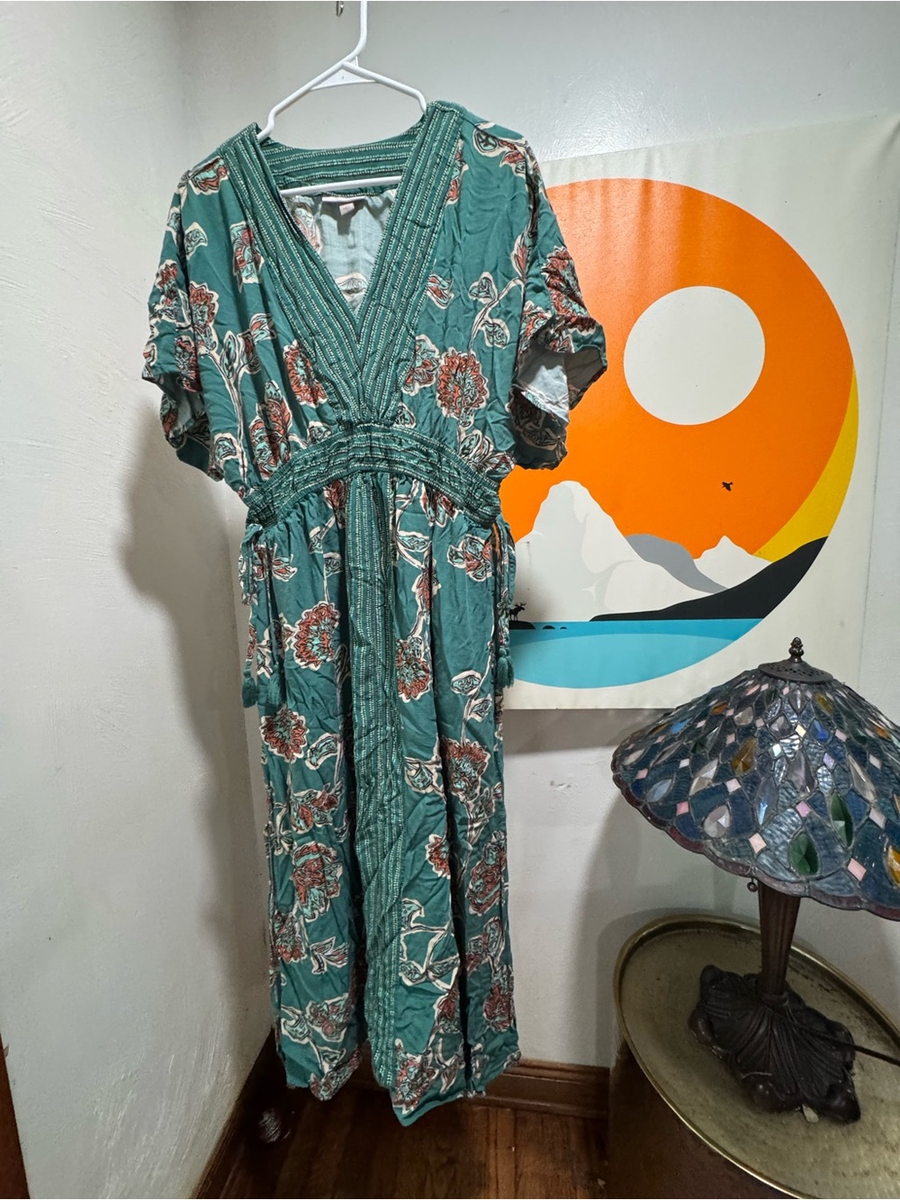 Knox Rose Teal Floral V-Neck Maxi Dress with Rust Accents